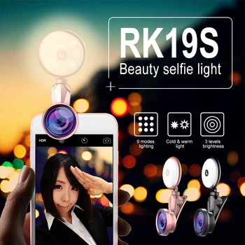 Universal LED Selfie Flash Lys, Skønhed RK19S Fyld Lys med Makro Fiskeøje Vidvinkel Linse, 4 Varmer 4 Kolde Pærer Til Alle Telefoner
