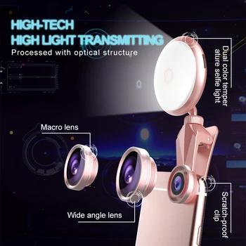Universal LED Selfie Flash Lys, Skønhed RK19S Fyld Lys med Makro Fiskeøje Vidvinkel Linse, 4 Varmer 4 Kolde Pærer Til Alle Telefoner