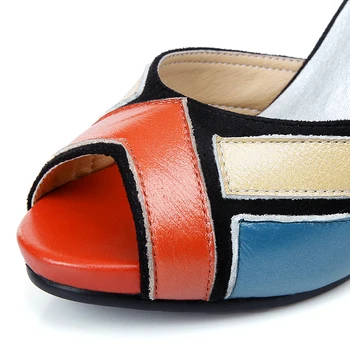 Universet Fashion High Heel Sandaler Kvinder sko i Ægte Læder Tre farve patchwork Elegante platform Sko E069