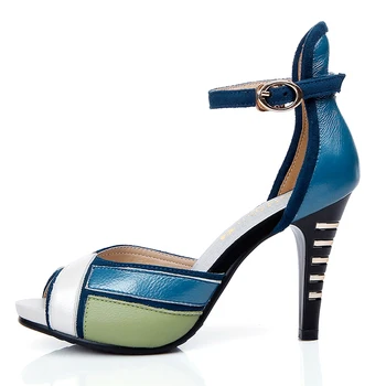 Universet Fashion High Heel Sandaler Kvinder sko i Ægte Læder Tre farve patchwork Elegante platform Sko E069