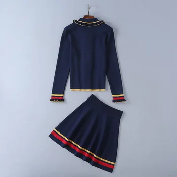 Urumbassa kvinder sætter Nye 2018 foråret peter pan krave Cardigan+ En linje nederdel to delt sæt Mode strik nederdel, der passer S203