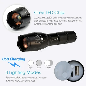 USB-E17-8000 Lumen 3-Mode CREE XML L2 LED lommelygter Belysning Zoomable Fokus Fakkel W/ Genopladelige Li-Po Batteri USB-Oplader