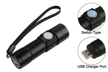 USB-Handy Kraftfulde Genopladelige LED Lommelygte Torch usb-Flash-Lys Cykel LED Zoomable Lampe Til Jagt Sort