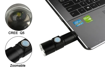 USB-Handy Kraftfulde Genopladelige LED Lommelygte Torch usb-Flash-Lys Cykel LED Zoomable Lampe Til Jagt Sort