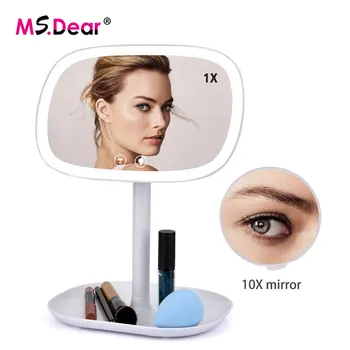 USB-Opladning LED Makeup Spejl, 360 graders Roterbar med 10X Forstørrelse Touch Screen Forfængelighed Kvadrat bordholderen makeup-Spejl