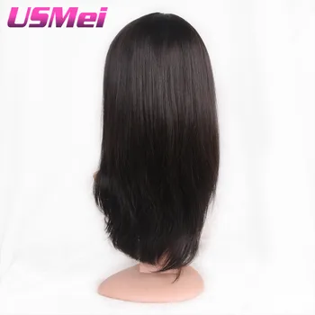 USMEI Hair 22 inches Naturligt Lige Syntetisk Paryk med Bangs Sort brun Lange Parykker til Kvinder varmeresistent fiber hår