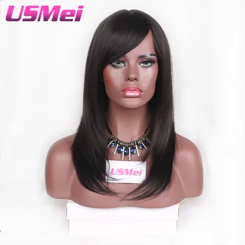USMEI Hair 22 inches Naturligt Lige Syntetisk Paryk med Bangs Sort brun Lange Parykker til Kvinder varmeresistent fiber hår
