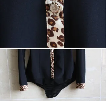 UsualYeah Nye Mode Elegant langærmet Chiffon OL Body Skjorte Bluse med Leopard Design Mørk Beige, Sort S-M-L-XL SY0125