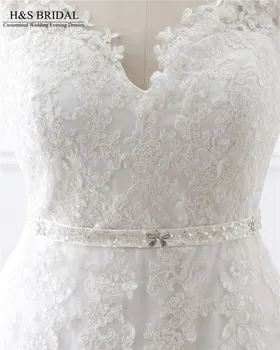 V-hals Lace Applique plus size brudekjole vestido de noiva Ren og skær Tilbage Beaded snøre billige Bryllup Kjoler virkelige billede