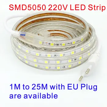 Vandtæt SMD 5050 led bånd AC 220V fleksibel led strip light 60 led/Meter udendørs haven belysning med EU stik 220 V
