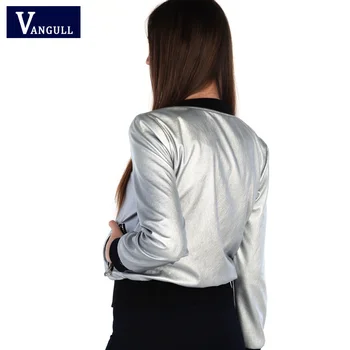 Vangull PU læder 2017 kvindelige jakke metallisk sølv kort frakke fashion slanke kvinder jakker, frakker efterår og vinter tøj outwear