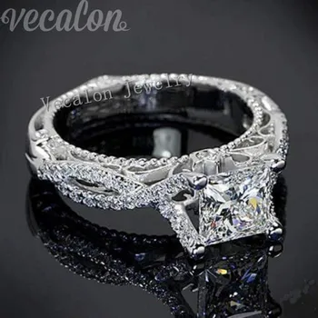Vecalon 2016 Romantiske og Antikke Kvindelige ring 2ct AAAAA Zircon Cz 925 Sterling Sølv Engagement bryllup Band ring for kvinder