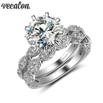 Vecalon 2016 Vintage Engagement bryllup Band ring Sæt til kvinder 3ct AAAAA Zircon cz 925 Sterling Sølv Kvindelige Part ring