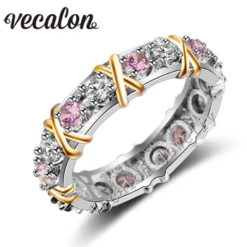 Vecalon 3 farver Perle AAAAA Zircon Cz Engagement Bryllup Band ring for Kvinder, 10KT Hvid Gul Guld Fyldt Kvindelige ring