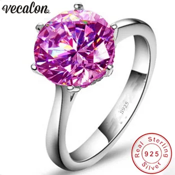 Vecalon Fine Smykker 925 Sterling Sølv solitaire ring 5A Pink Zircon Cz Engagement bryllup Band ringe til kvinder, Brude Gave