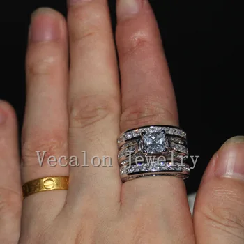 Vecalon Fine Smykker Prinsesse cut 20ct 5A Zircon cz Bryllup Band Ring Sæt til Kvinder 14KT hvidguld Fyldt Finger ring