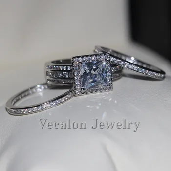 Vecalon Luksus Smykker Engagement bryllup Band ring Sæt til kvinder Gave 3ct AAAAA Zircon Cz 925 Sterling Sølv ring Party