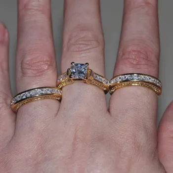 Vecalon Mode 3-i-1 Kvinder ring Prinsesse cut 7mm AAAAA Zircon cz Gul Guld 925 Sterling Sølv bryllup Band ring Set