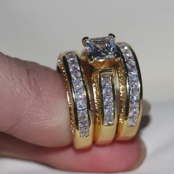 Vecalon Mode 3-i-1 Kvinder ring Prinsesse cut 7mm AAAAA Zircon cz Gul Guld 925 Sterling Sølv bryllup Band ring Set