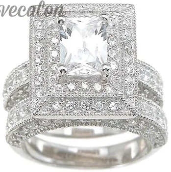 Vecalon mode Engagement Bryllup band Ring Sæt til Kvinder 2ct AAAAA Zircon Cz 14KT hvidguld Fyldt Kvindelige Finger ring