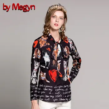 Ved Megyn kvinder mode-shirts med lange ærmer bue slips kat brev print skjorte kvinder bluser plus størrelse 3XL 2018 nye feminine skjorte