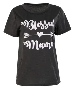 Velsignet Mama Brev Udskrivning Kvinder T-Shirt med O-Hals kortærmet Top-Shirts Mørk Grå Femme Casual Løs Sommer t-shirt, Toppe