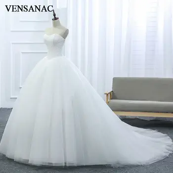 VENSANAC 2017 Ny Lace Stropløs Ærmeløs Satin Court Train Bridal wedding Dress Bryllup Ball Gown 30437