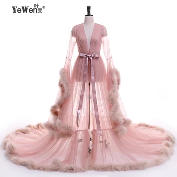 Vestido de festa Aften Kjole Robe De Soiree V Hals Fjer Lang Tyl festlig Aften Kjoler 2017 Bourgogne pink gallakjoler