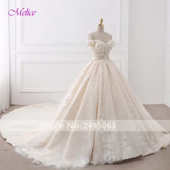 Vestido de Noiva Pynt Blonder Royal Tog Princess Wedding Dress 2018 Luksus Perler Blomster Båd Hals Bolden Kjole Brude Kjole