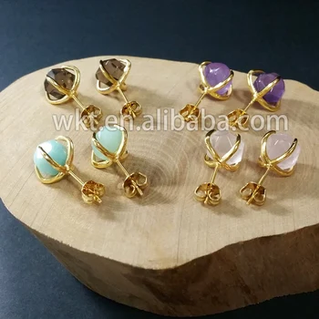 VI-E123 Dejlige Smykker 24k guld trim pink kvarts amazonit krystal sten øreringe stub gratis fragt