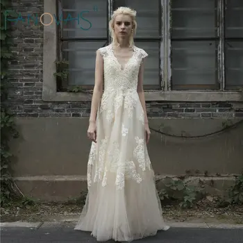 Vintage Blonder Boho Brudekjole robe de mariage Cap Ærmer Blush Blonder brudekjoler 2018 Plus Size vestido de noiva de renda