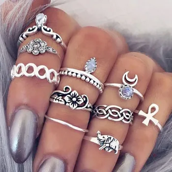 Vintage Boho Finger Ring Set 10stk/masse Fashion kvinder 2017 Elefant Månen Midi-Ring Anillos Sølv Farve til fest tyrkisk smykker