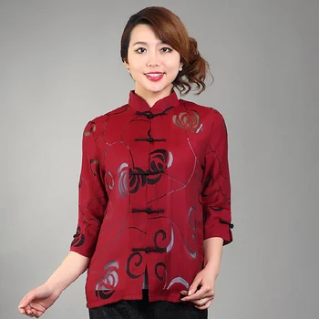Vintage Bourgogne Kinesiske Kvinders Bomulds Bluse Toppe Sexet Hule Skjorte Blomst Tang Passer blusa feminina Plus Størrelse 4XL NS-02