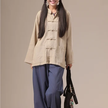 Vintage Kinesisk Folkemusik-Stil Blouse Mandarin Collar Kvinder Toppe Frog Løs Bomuld Unisex Bluser Shirt Plus Size L-4XL Blusas