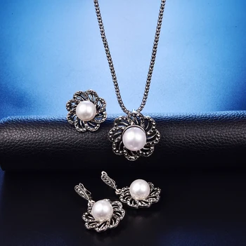 Vintage Krystal Blomst Bryllup Smykker Til Kvinder, Antik Sølv Sort Rhinestone Stor Perle Vedhæng Halskæde, Øreringe Og Ring Set