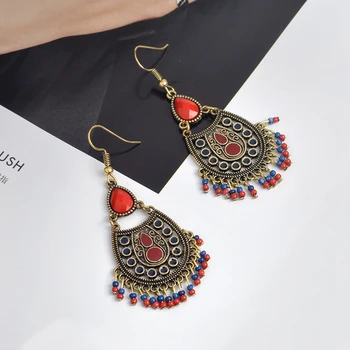 Vintage lysekrone øreringe Røde sten perler hængende statement øreringe Boheme-stil, smykker BOHO øreringe til kvinder