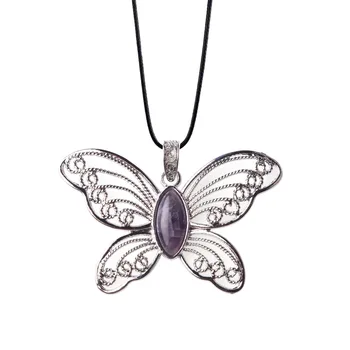 Vintage Smykker Kvinder Butterfly Halskæder Blå Pink Naturlige Perle sten Quartz Læder Halskæde maxi collier
