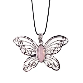 Vintage Smykker Kvinder Butterfly Halskæder Blå Pink Naturlige Perle sten Quartz Læder Halskæde maxi collier