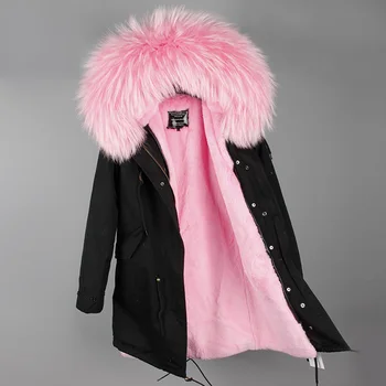 Vinter jakke, mærke, stil kvinder rød blå lang aftagelig foring Stor farve raccoon fur hooded coat parkacoats outwear