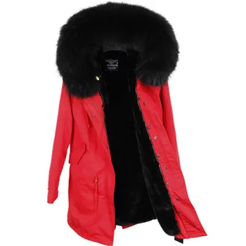 Vinter jakke, mærke, stil kvinder rød blå lang aftagelig foring Stor farve raccoon fur hooded coat parkacoats outwear