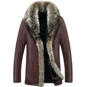 Vinteren får læder mænd raccoon fur mænd lang høj kvalitet solid farve fortykkelse velour læder frakke overtøj parkacoats MZ1158