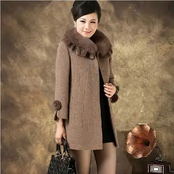 Vinteren kvinders uld frakke midaldrende kvinder pels krave cashmere mellemlang lang uldne overtøj plus størrelse 5XL