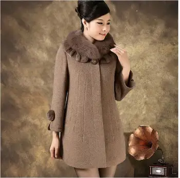 Vinteren kvinders uld frakke midaldrende kvinder pels krave cashmere mellemlang lang uldne overtøj plus størrelse 5XL