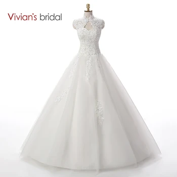Vivian er Beaded Brude Paillet En Linje Lace Wedding Dress 2016 Lugning Tyl Cap Ærmet Lang Brudekjole WD3312