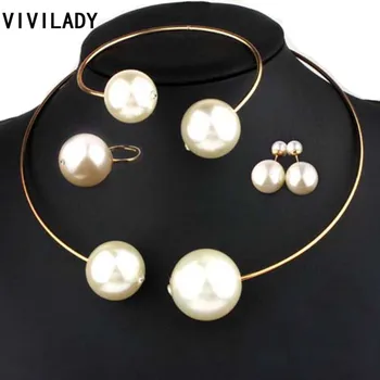 VIVILADY Mode Smykker Sæt Store Efterligning Perle med Rhinestone Halskæde, Armbånd, Øreringe og Ringe Erklæring, Kvinder Mode, Bryllup Gaver