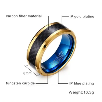 Vnox 8MM Blå Wolframcarbid Ringe til Mænd, Smykker med Sort Carbon Fiber