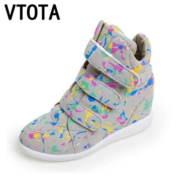 VTOTA Fashion Kvinder Casual Sko Platform Ankel Støvler Højde Stigende High Top Graffiti Lærred Sko Kvinder Wedges Sko X761