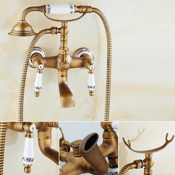 Vægmonteret Bath & Shower Faucet Antik Messing Dobbelt Håndtag Dual Huller med Spabad Filler Varmt og Koldt Telefon Stil Vandhane