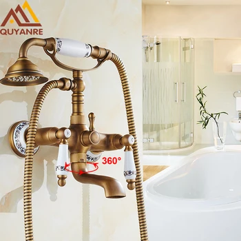 Vægmonteret Bath & Shower Faucet Antik Messing Dobbelt Håndtag Dual Huller med Spabad Filler Varmt og Koldt Telefon Stil Vandhane