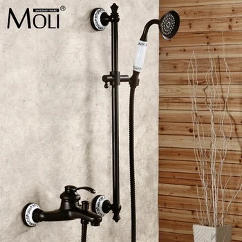 Vægmonteret olie-gned bronze brusebad hane sort enkelt håndtag badekar og regnbruser og er armatur med håndbruser